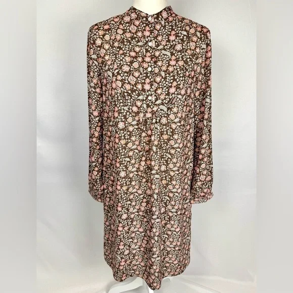 J. McLaughlin Tavia Shift Dress Long Sleeve Pockets Medium Brown & Pink Floral - Picture 3 of 14